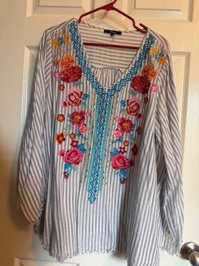 Andree Gray & White Striped Tunic with Multicolor Floral Embroidery